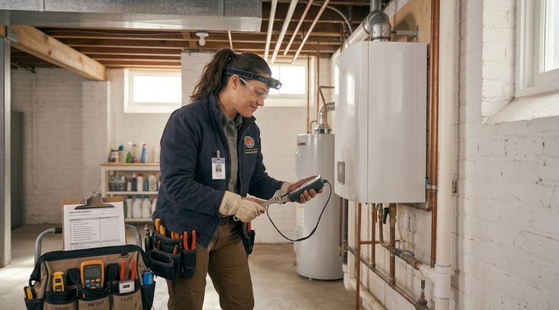 Plumber speaking with a client about a diagnostic repair schedule